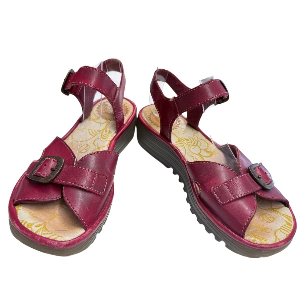 FLY London Burgundy Leather Wedge Sandals Floral Footbed Buckle Women's EU 37